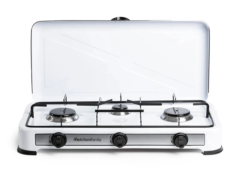 Melchioni Minerva new 3 Fornello a gas 3 fuochi con coperchio, 2,9kw, colore bianco