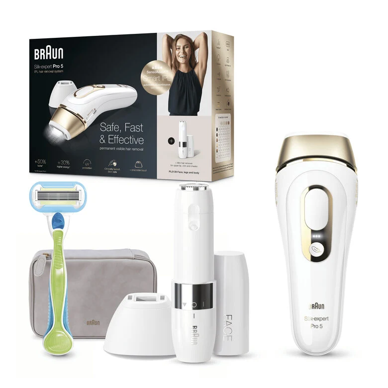 Braun Silk-expert Pro 5 PL5129 Silk expert Pro , Epilatore Luce Pulsata IPL, Sistema di Epilazione Permanente dei Peli Visibili per Donna, Bianco/Oro
