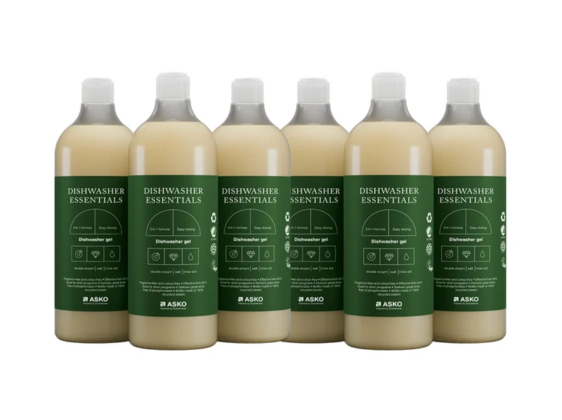 Ⓜ️🔵🔵🔵 ASKO Gel Lavastoviglie 6 flaconi - Detergente per lavastoviglie, senza profumo e senza coloranti, senza fosfonati, senza derivati animali, confezione da 6 flaconi da 1 litro ciascuno, 99% ingredienti naturali, Bottiglia 100% plastica riciclata