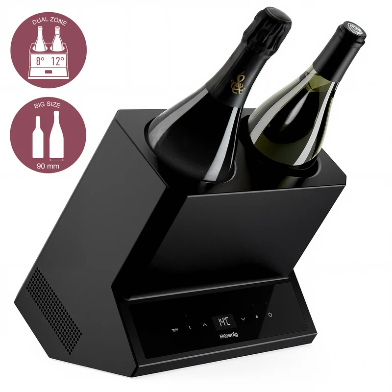 Ⓜ️🔵🔵🔵 H.Koenig LVX28 - Raffreddatore per 2 bottiglie di vino, da tavolo, a 2 temperature diverse, DIAL ZONE, anche per bottiglie grandi (rosso, bianco, rosé, spumante, prosecco, champagne), SEAU À GLACE ELETTRICO, secchiello per vino elettrico