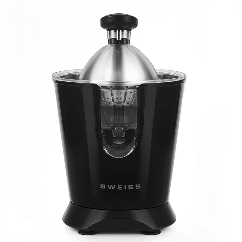 Ⓜ️🔵🔵🔵 SWEISS ZEST9 - Spremiagrumi elettrico di altissima qualità, SENZA BPA GARANTITO, corpo in acciaio inox, rivestimento NERO RETRÒ, lavabile in LAVASTOVIGLIE, con BRACCIO IN ACCIAIO INOX ROBUSTISSIMO