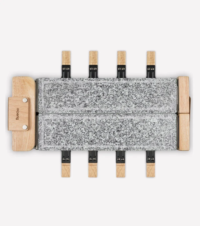 Ⓜ️🔵🔵🔵 H.Koenig WOD362 - Apparecchio per raclette, doppia piastra in vero granito, per 8 persone, manici in legno naturale, 1400 W