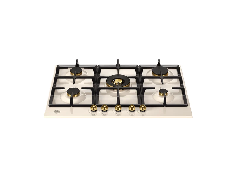 Ⓜ️🔵🔵🔵 BERTAZZONI P755CHERAG - Piano Cottura a Gas, 75 cm, Avorio/ Oro, Serie Heritage, 5 Fuochi, Wok Centrale