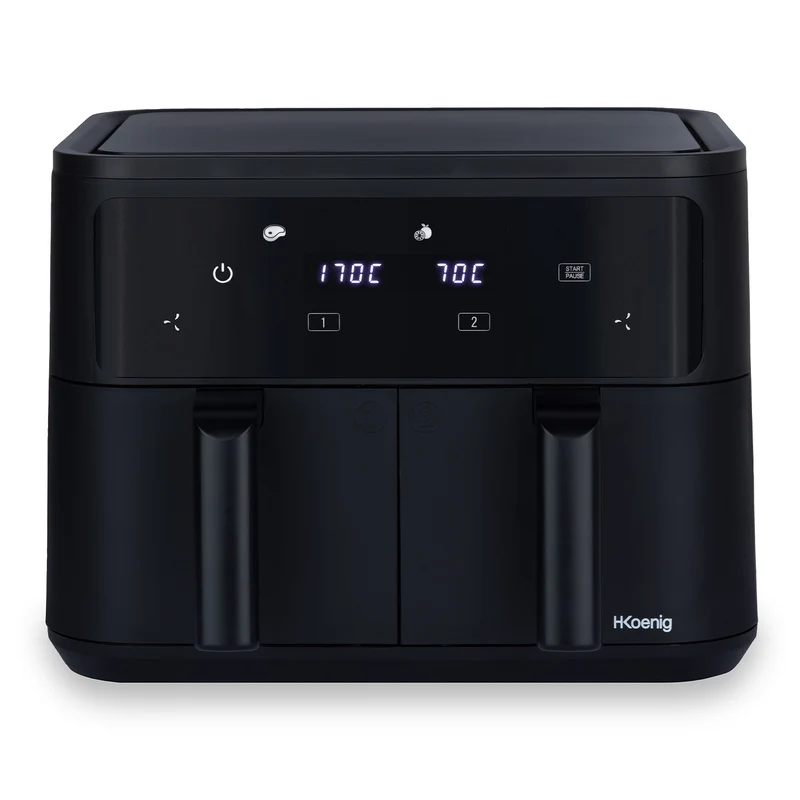 Ⓜ️🔵🔵🔵 H.Koenig FRY900 - Friggitrice ad aria doppio cestello SENZA BPA, finitura NERO OPACO, 4,5+4,5 litri per 9 litri totali, LAVABILE IN LAVASTOVIGLIE, senza olio, comandi a sfioramento, 2400 W
