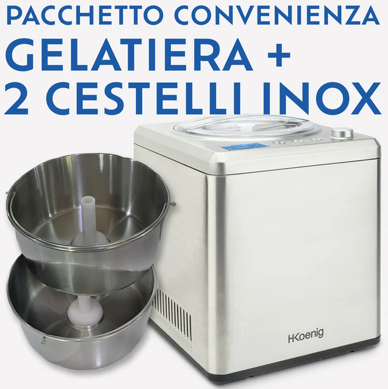 Ⓜ️🔵🔵🔵 H.Koenig HF340+2xBO334 - [📦🚨Spedizione immediata!🚚💨] Pacchetto con gelatiera professionale con 2 CESTELLI EXTRA in ACCIAIO INOX con manico