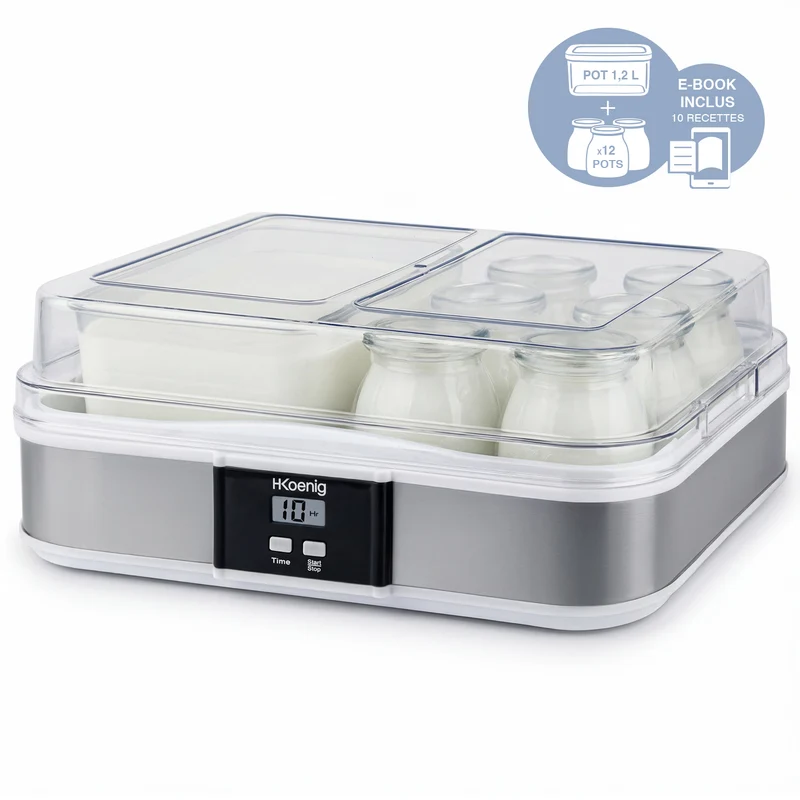 Ⓜ️🔵🔵🔵 H.Koenig ELY120 - Yogurtiera e formaggiera con 12 VASETTI IN VETRO per yogurt ed UNO PER FORMAGGIO FRESCO, con coperchio, CORPO IN ACCIAIO INOX