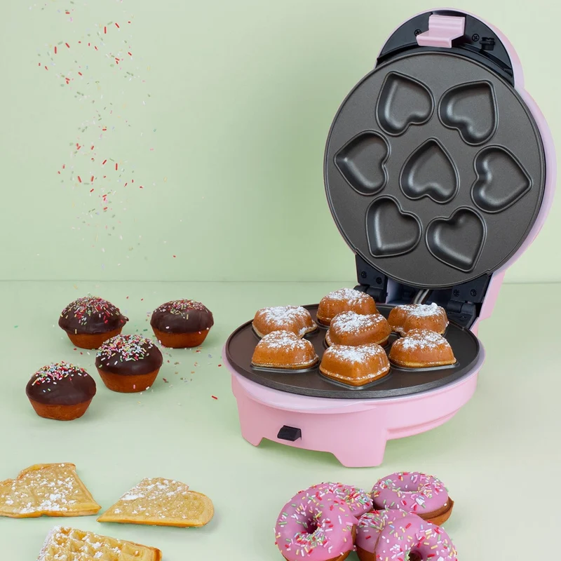 Ⓜ️🔵🔵🔵 Weasy KID400 - Piastra rosa per dolcetti con 4 stampi differenti intercambiabili (donut, waffle, cupcakes o muffin)