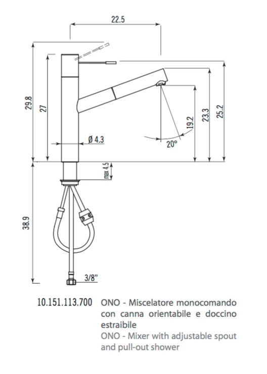 Ⓜ️🔵🔵🔵👌 Alpes 10.151.113.700 ONO - Miscelatore monocomando con canna orientabile e doccino estraibile, acciaio inossidabile con finitura satinata
