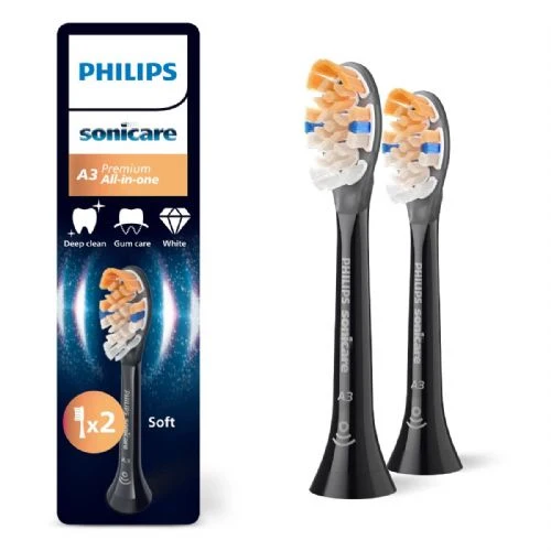 Testina per spazzolino elettrico Philips Sonicare A3 Premium All-in-One HX9092/88, 2 pezzi, setole triangolari di media durezza, BrushSync, nera