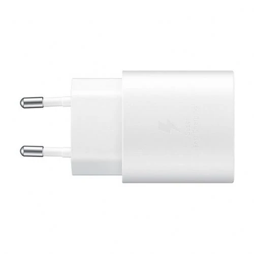 Caricabatterie da casa Samsung EP-TA800, bianco, USB-C, ricarica super rapida da 25 W, cavo incluso, per cellulari e tablet.