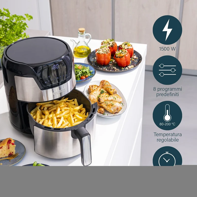 Princess Friggitrice ad Aria 182026 Aerofryer Digitale XXL 4,5 L 1500 W 8 Programmi Argento