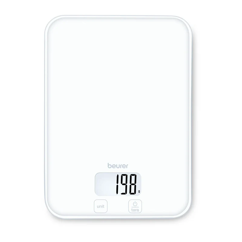 Beurer Bilancia da Cucina Digitale KS 19 Pure White, Superficie in Vetro, 5 kg / 1 g, Display LCD, Touch, Bianco