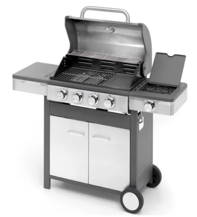 Ompagrill Barbecue a Gas Indianapolis 5/B 4 Bruciatori Acciaio Inox con Fornello Laterale e Griglia in Ghisa Smaltata 133x58 cm