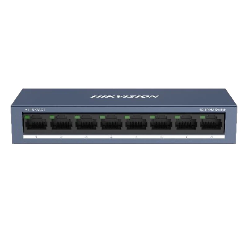 Hikvision Switch 8 Porte Fast Ethernet 10/100 Mbps DS-3E0108-O, Case Metallico, Non Gestito, Plug and Play, Desktop/Parete