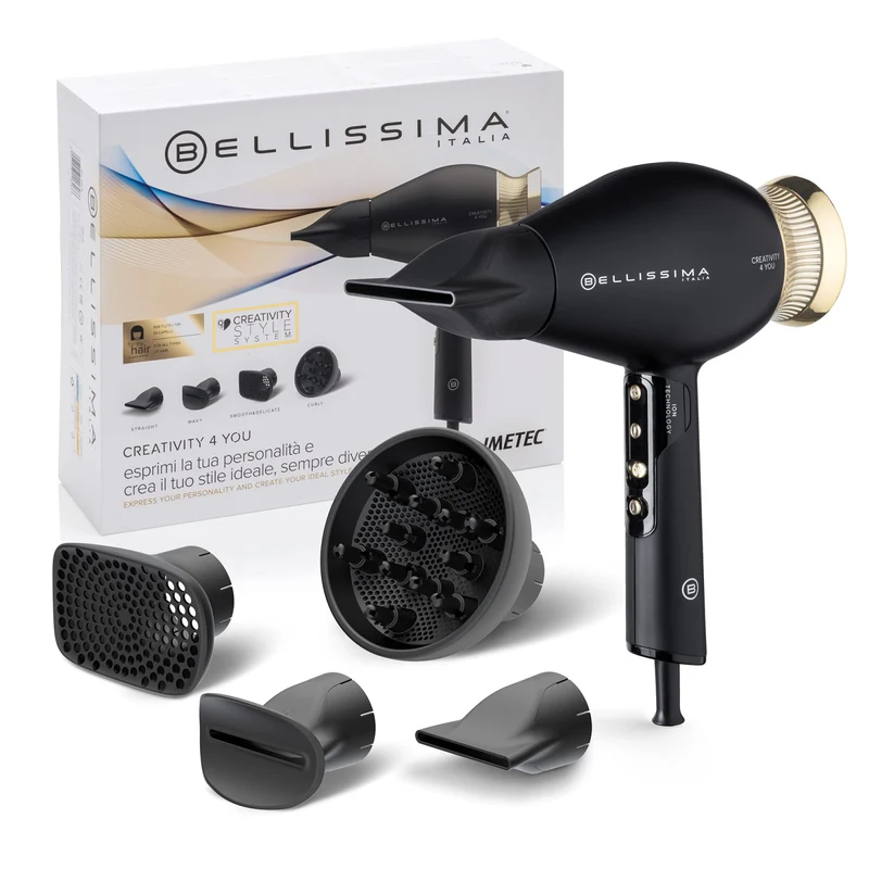 Bellissima Imetec Asciugacapelli Creativity 4 You 1800W 4 Accessori Tecnologia Ionica 2 Velocità 3 Temperature Nero