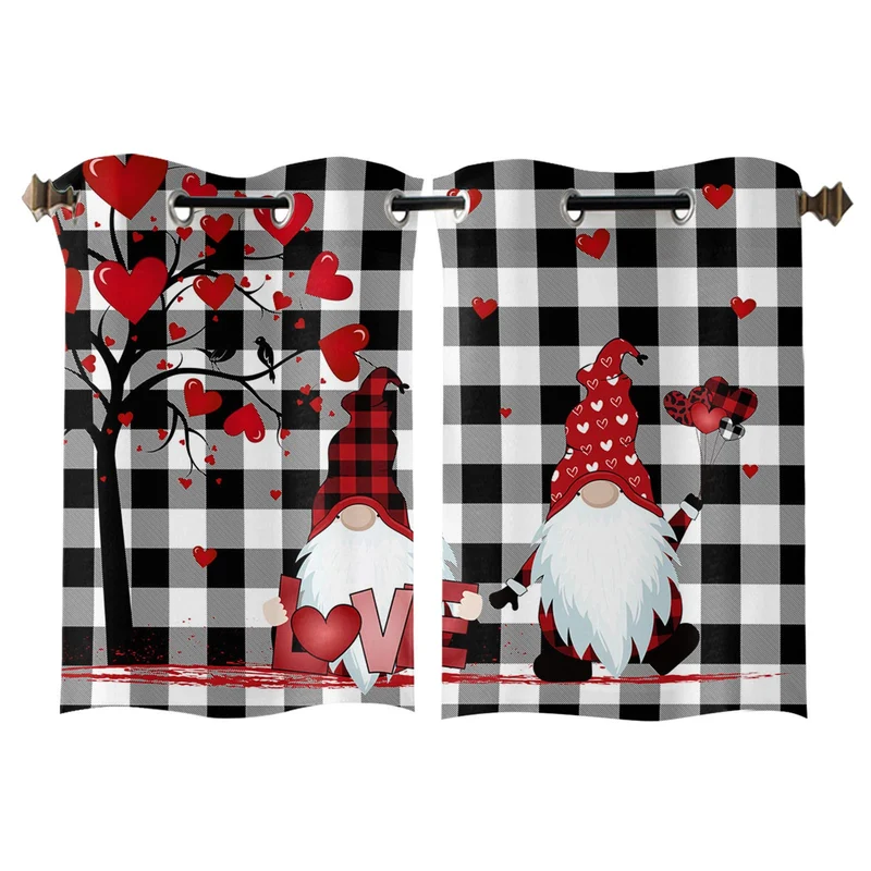 HOMECOLLECT Tenda Semitrasparente Gnomi San Valentino Motivo Scozzese Bianco e Nero 2 Pannelli 60x90 cm