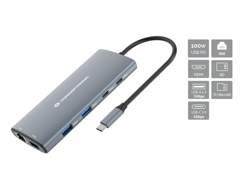 Conceptronic DONN06G Hub USB 10 in 1 USB 3.2 Gen 1 Type-C 4K HDMI Ethernet Grigio