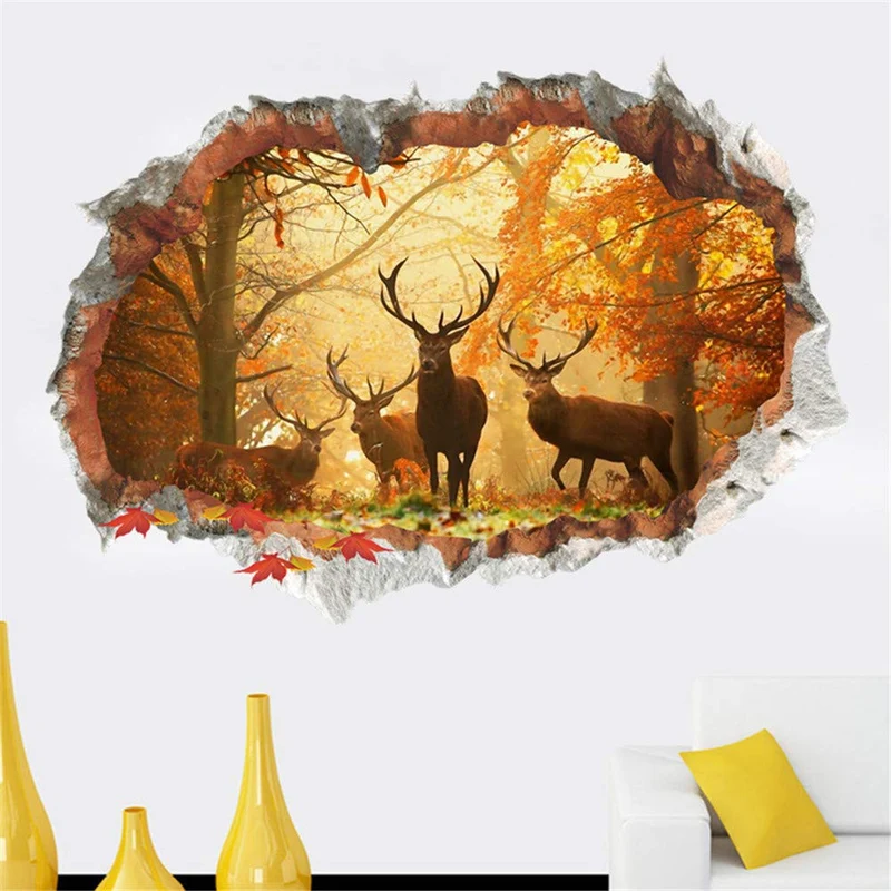 SWEETQT Adesivo da Parete 3D Rimovibile Cervi e Alci Foresta per Soggiorno 2 Pezzi