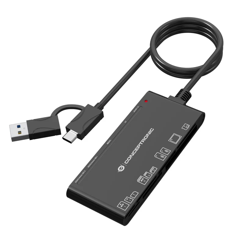 Conceptronic BIAN10B Lettore di Schede 7 in 1 USB 3.2 Gen 1 Type-A/Type-C, SD, MicroSD, MS, CF, xD, Nero