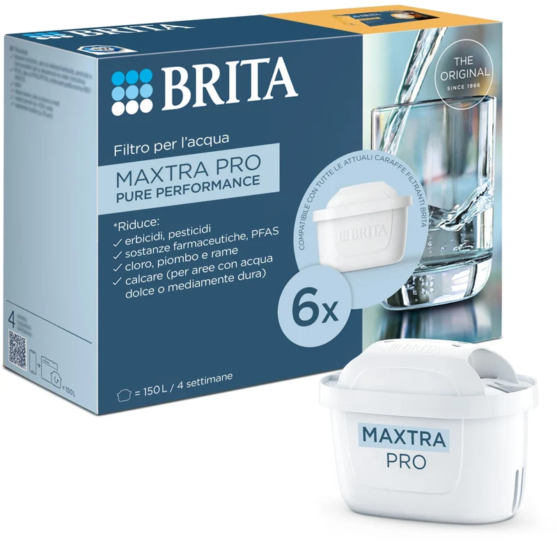 BRITA Filtro per Caraffa MAXTRA PRO Pure Performance Pack 6 Filtri - Riduce Cloro, Calcare, PFAS, 150L