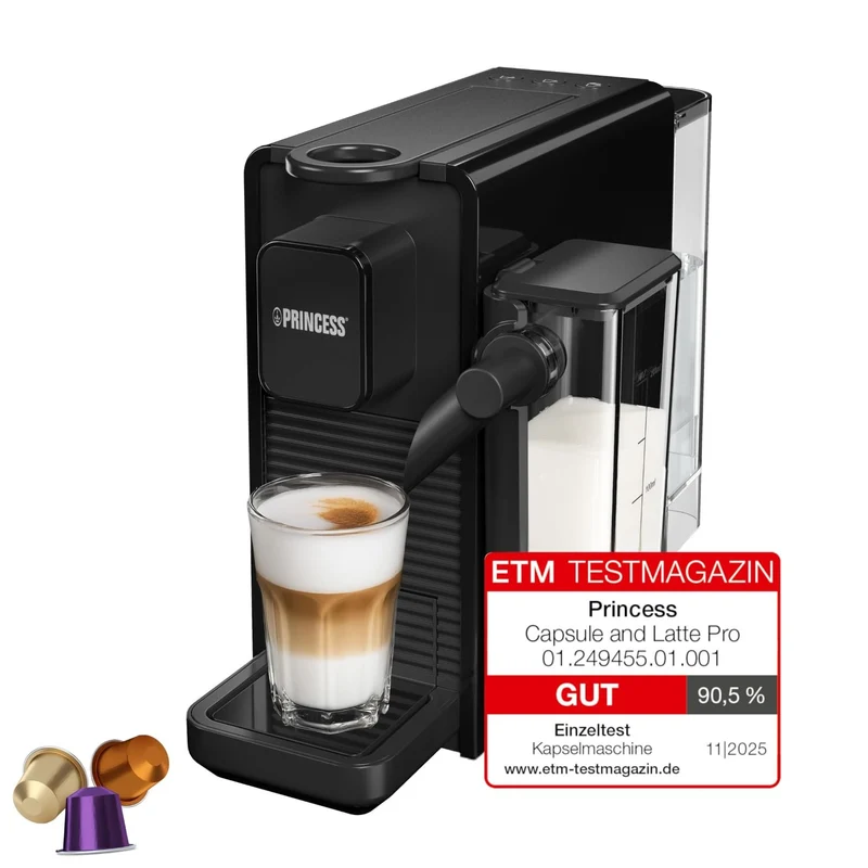 Princess Macchina da Caffè a Capsule 249455 Latte Pro, Compatibile Nespresso, 20 Bar, 1400W, Sistema Latte Automatico, Nero