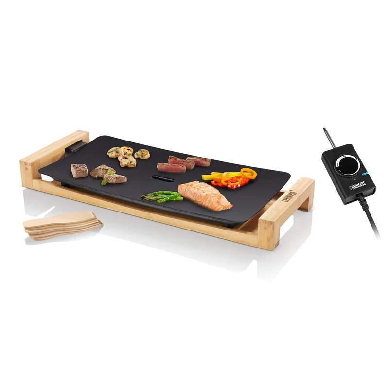 Princess Table Chef Pure Nera 103026 - Piastra Elettrica da Tavolo 2200W, 50x25 cm, Rivestimento in Alluminio Antiaderente, Finitura Bambù, 6 Persone