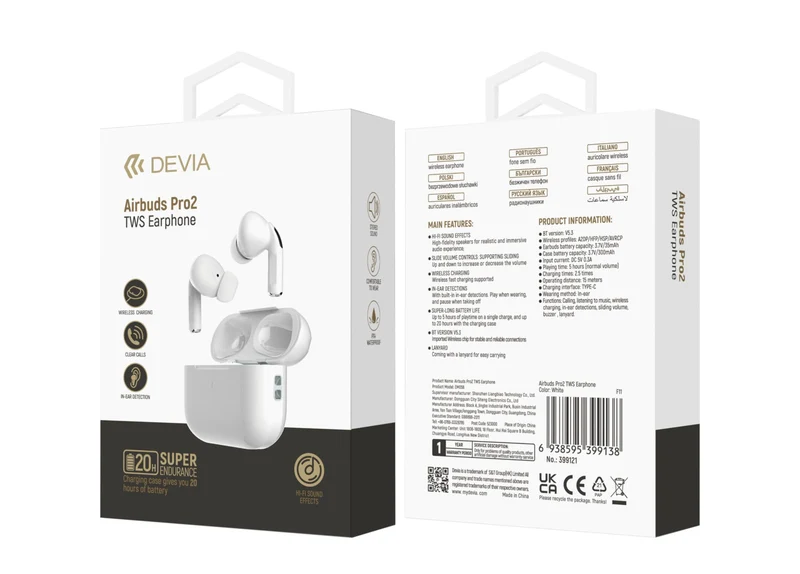 Devia Auricolari TWS EM058 Airbuds Pro2 Bluetooth 5.3 con Ricarica Wireless Bianchi