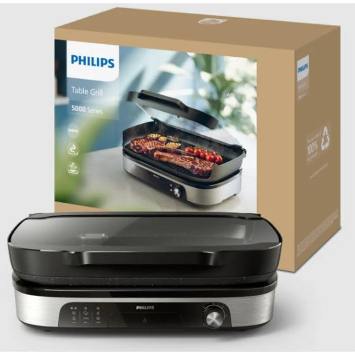 Philips Grill da Tavolo HD6212/90 con Coperchio e Affumicatore, 2400 W, Superficie 1250 cm², Piastre Rimovibili, Nero