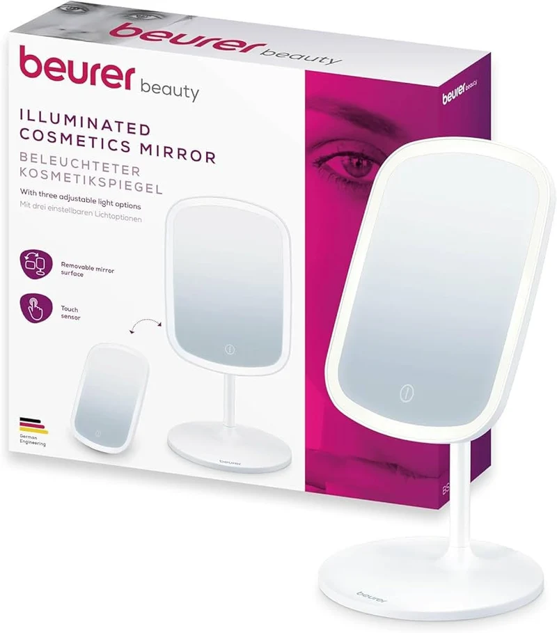 Beurer BS 47 Specchio Cosmetico Illuminato LED 33 LED 3 Modalità Luce Touch Sensor Supporto Magnetico Ricaricabile USB-C 21x15 cm