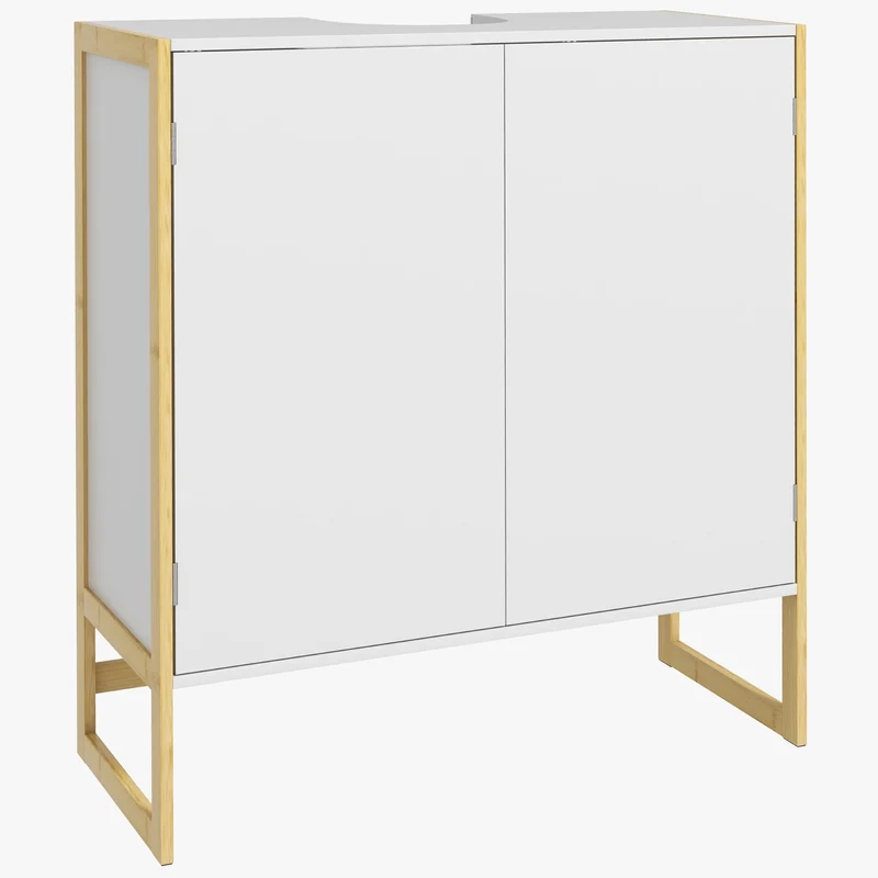 EasyComfort Mobile Sottolavabo Bagno con 2 Ante a Pressione in Bambù e MDF con Intaglio a U, 70x33x79.5cm, Bianco