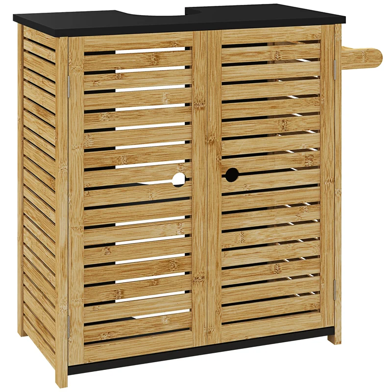 EasyComfort Mobile Sottolavabo Bagno con 2 Ante a Doghe, Porta Asciugamani e Intaglio a U, Legno e Nero