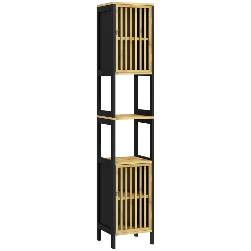 EasyComfort Mobiletto Bagno a Doghe con 2 Ripiani Aperti e 2 Armadietti, in MDF e Bambù, 32x30x172 cm, Nero e color Legno
