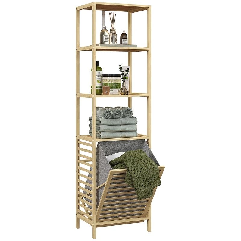 EasyComfort Colonna Bagno con 3 Ripiani in Legno di Bambù e Cesto Portabiancheria in Tessuto, 44x33x160cm