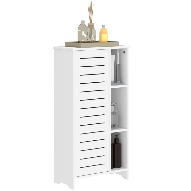 EasyComfort Mobile Bagno con Armadietto Chiuso a 3 Livelli e 3 Ripiani Aperti, in Legno Bianco, 48x24x96.5 cm