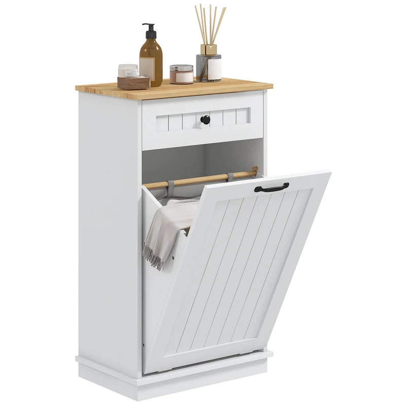 EasyComfort Mobiletto Bagno in Legno con Cesto Portabiancheria in Tessuto Ribaltabile e Cassetto, Bianco