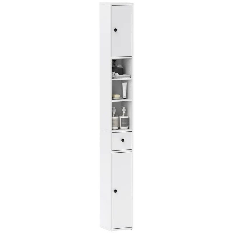 EasyComfort Colonna Bagno Salvaspazio con 2 Armadietti, 3 Ripiani Aperti e Cassetto, in Legno, 20x20x178 cm, Bianco