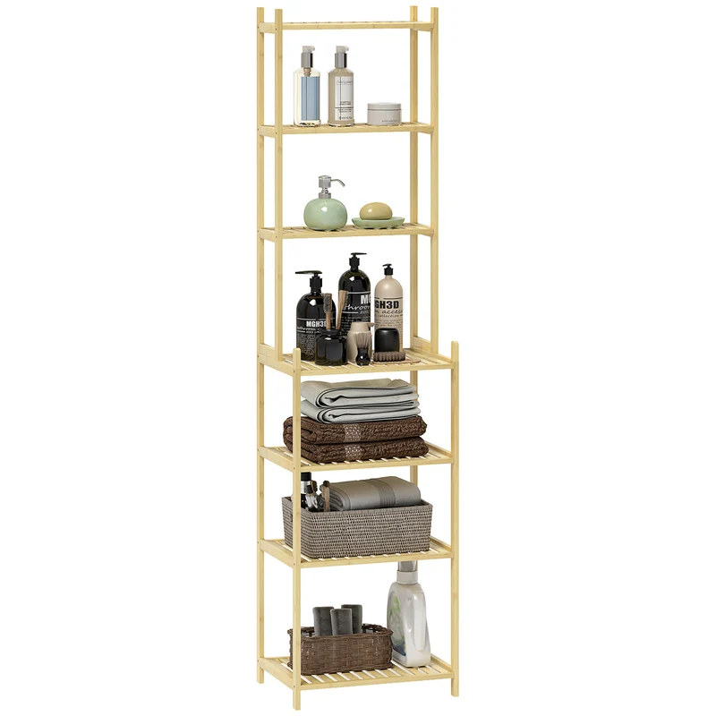 EasyComfort Mobile Scaffale Bagno a 7 Ripiani Portaoggetti in Bambù, 44x33x180 cm, Color Legno