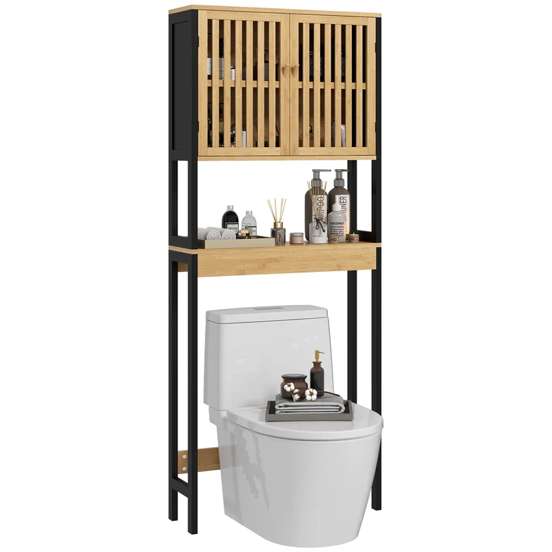 EasyComfort Mobile Sopra WC con Armadietto 2 Ante a Doghe e Ripiano Aperto, 60x21.5x172cm, Colore Legno