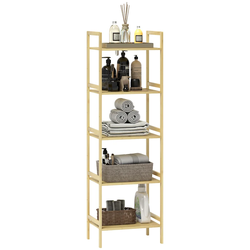 EasyComfort Scaffale Bagno a 5 Ripiani Regolabili in Altezza in Bambù, 43.5x31.5x142 cm, Legno Naturale