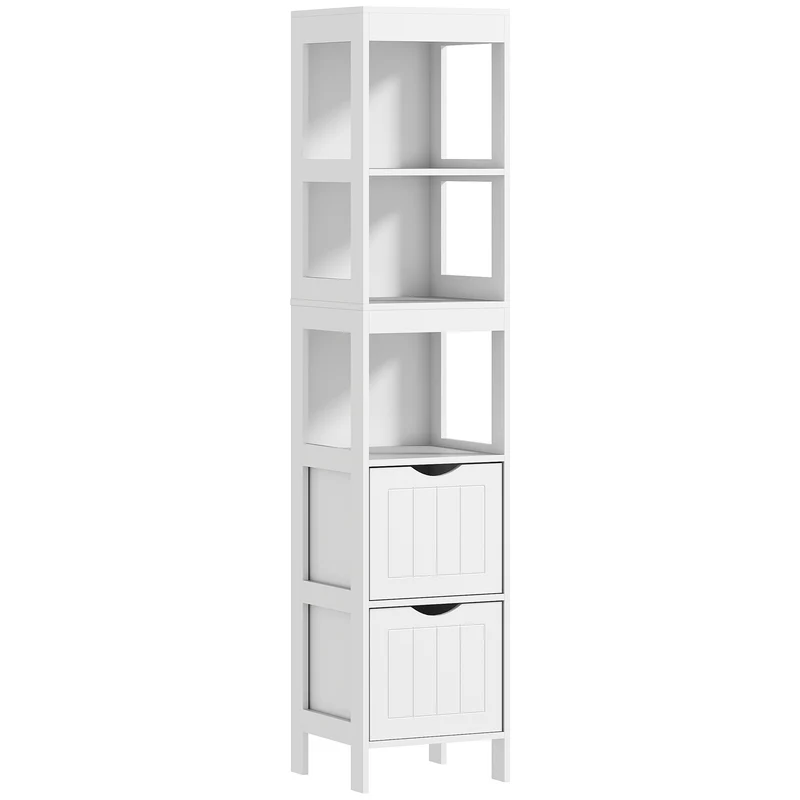 EasyComfort Colonna bagno Moderno in Legno con 3 Ripiani Aperti e 2 Cassetti, Mobile in truciolato e MDF, 30x30x141.2cm, Bianco