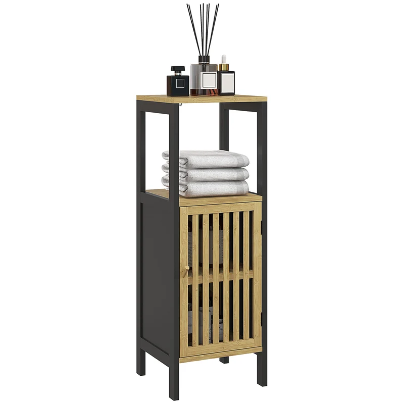 EasyComfort Mobiletto Bagno con Ripiano Aperto e Armadietto, in MDF e Bambù, 32x30x90.5 cm, Nero e color Legno