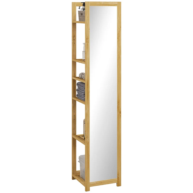 EasyComfort Scaffale da Bagno con Specchio e 6 Ripiani a Doghe in Bambù, 35x35x168cm, Colore Legno