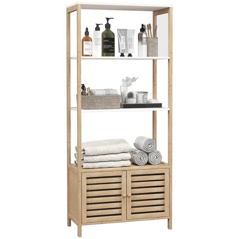 EasyComfort Mobile Bagno in Bambù con 3 Ripiani e Armadietto Inferiore, 63x30x138 cm, Color Legno e Bianco