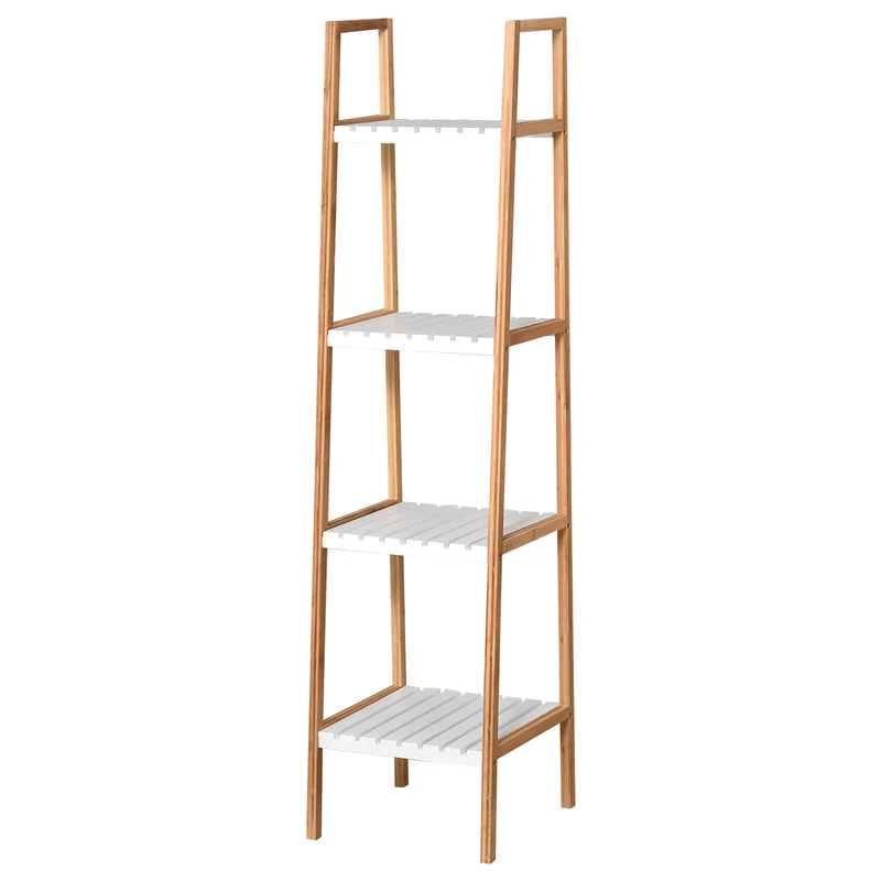 EasyComfort Scaffale per il Bagno a Scala con 4 Ripiani in Legno di Pino e Bambù, 35x36x138.5 cm, Bianco e Legno