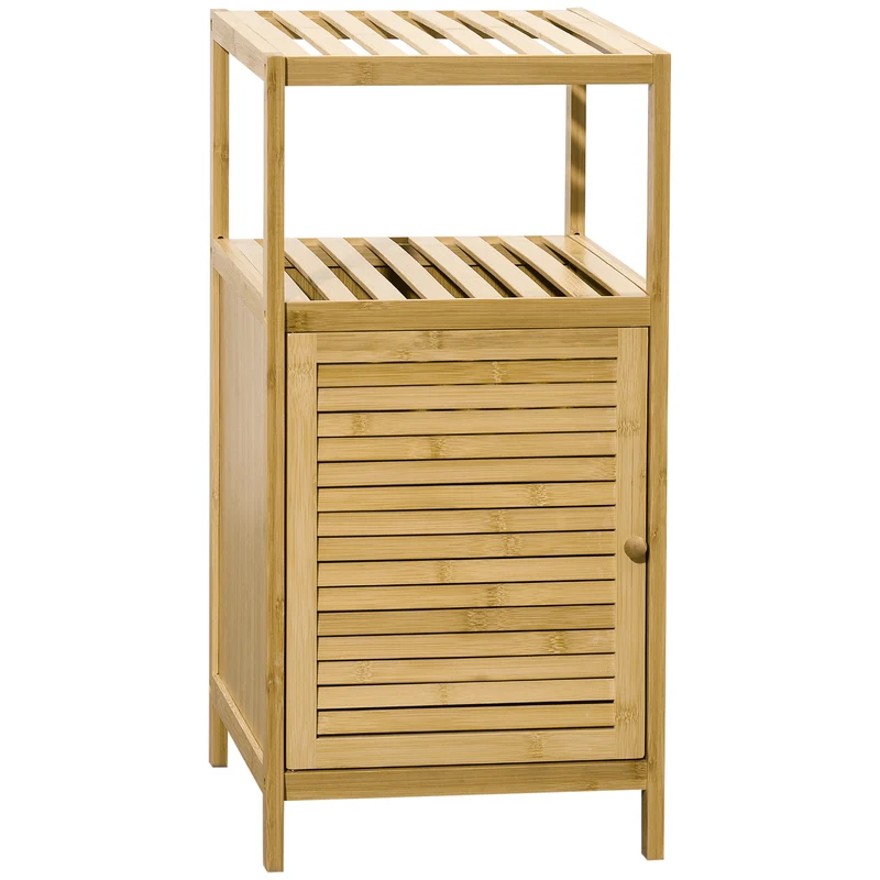 EasyComfort Mobiletto Bagno in Bambù a Doghe con Armadietto a un'Anta, 33x36.5x67cm, Colore Legno Naturale