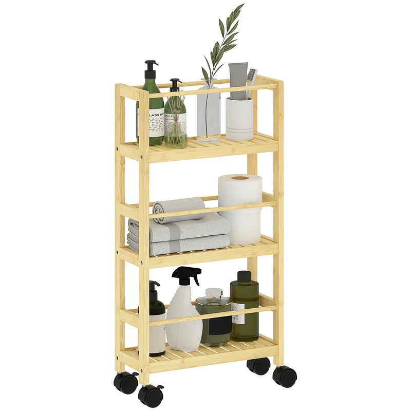 EasyComfort Scaffale Bagno a 3 Livelli con Ruote, Carrellino in Legno di Bambù, 36x15x73 cm, Colore Legno