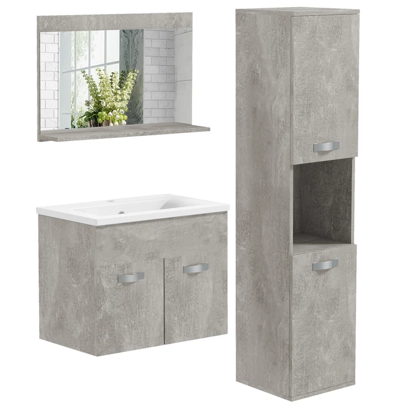 Easycomfort Set Mobili Bagno da 4 Pezzi con Lavabo da 60cm, Mobiletto, Colonna Bagno e Specchiera in Legno, Grigio
