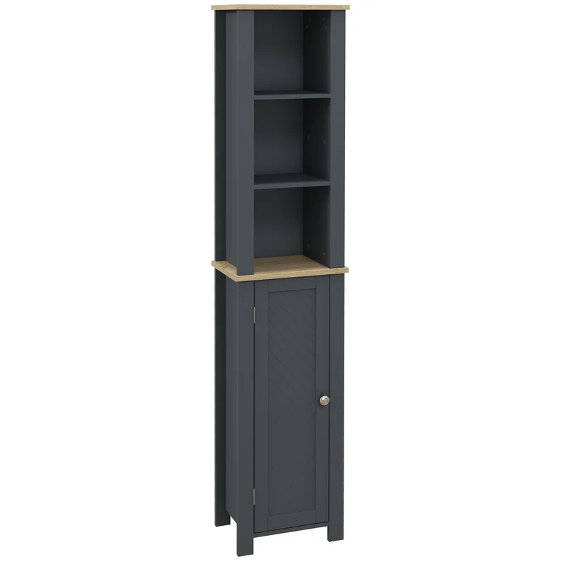 Easycomfort Colonna Bagno Salvaspazio con Armadietto e 3 Ripiani Aperti in Legno, 34x23x165cm, Grigio