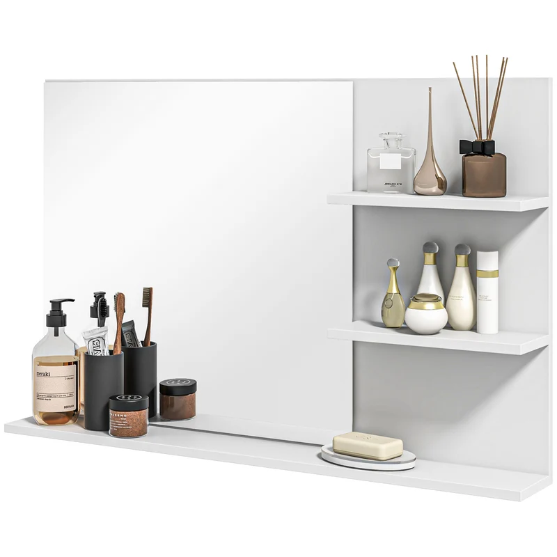 EasyComfort Specchio da Bagno a Parete con 2 Ripiani Laterali e Ripiano Inferiore, in MDF e Vetro con verniciata, 75x10x48 cm, Bianco