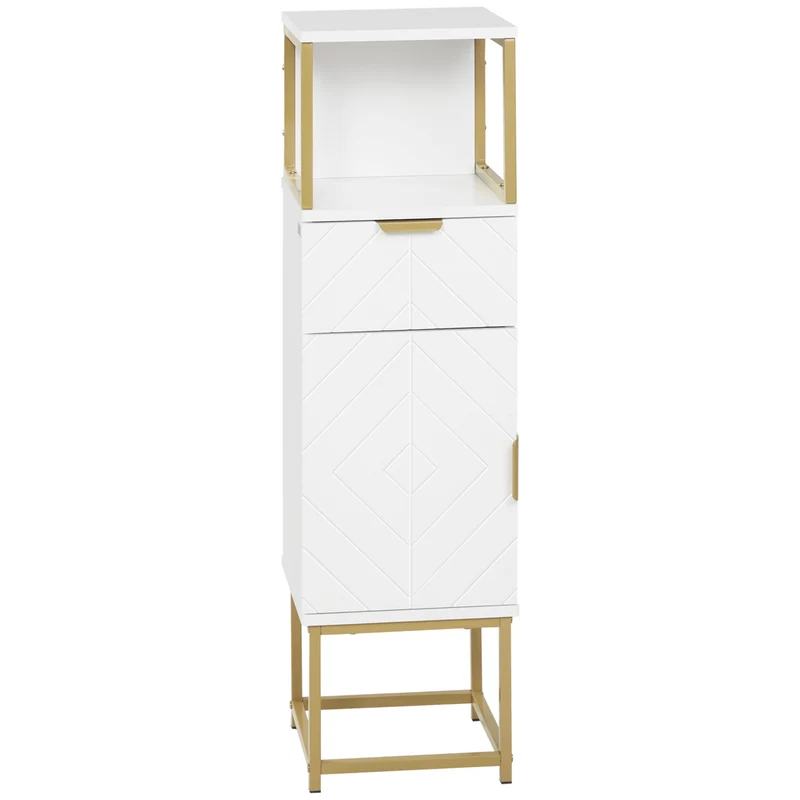 Easycomfort Mobile Colonna Bagno con Cassetto, Armadietto e Ripiano in Legno e Metallo, 30x30x105cm, Bianco